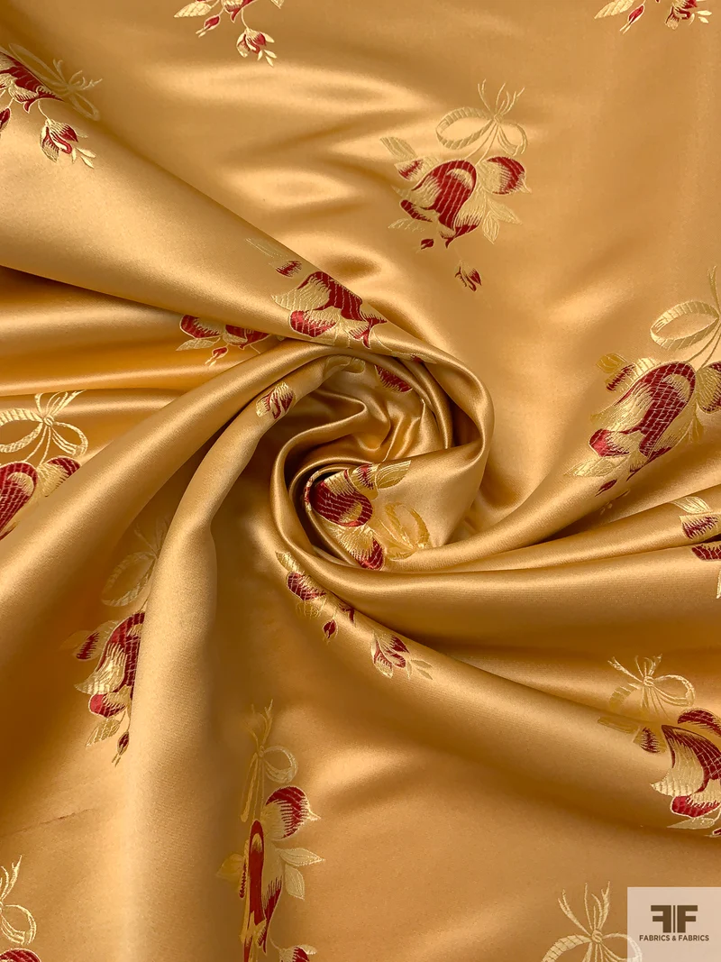 Floral Chinese Brocade - Golden Tan / Light Gold / Red