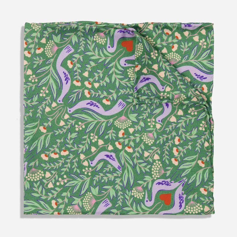 Bikini Sous La Pluie x The Tie Bar Love Birds Green Pocket Square