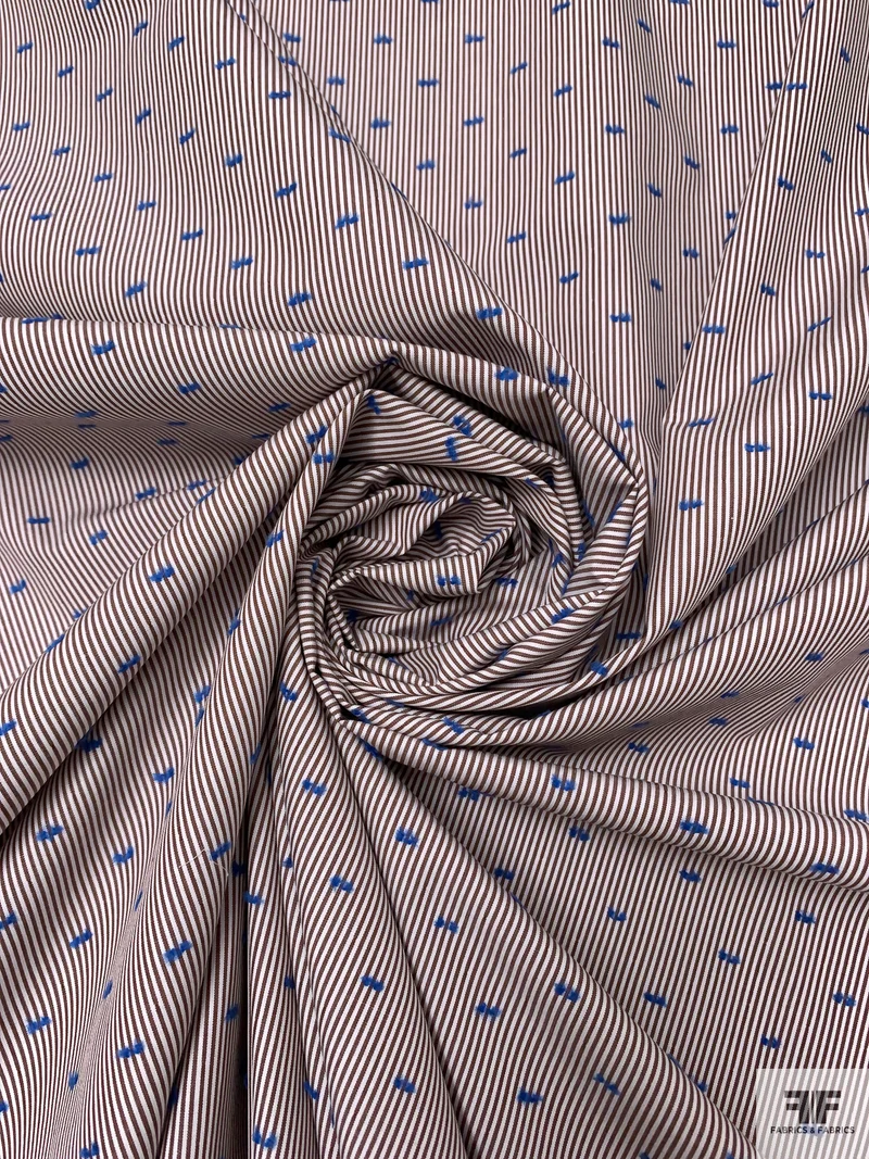 Yarn-Dyed Striped Swiss Dot Cotton Shirting - Brown / White / Blue