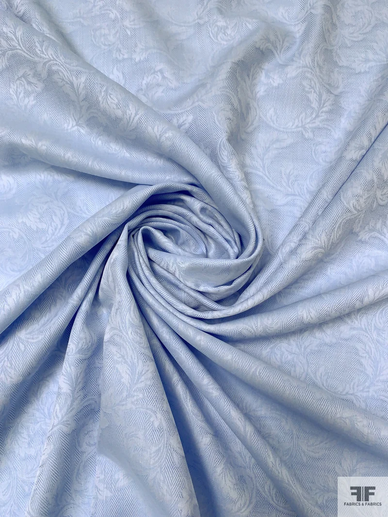 Italian Leaf Vine Herringbone Jacquard Cotton Shirting - Soft Blue