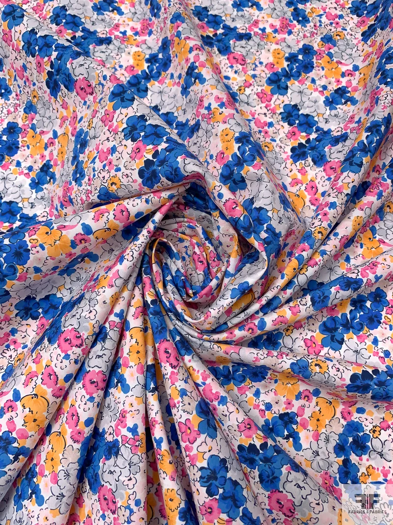 Painterly Floral Printed Cotton Shirting - Blue / Orange / Pinks / Grey / White