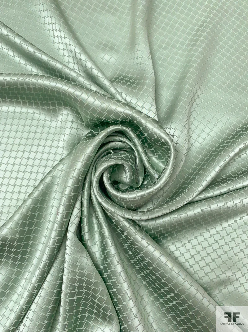 Slanted Squares Jacquard Silk Charmeuse - Sage / Off-White