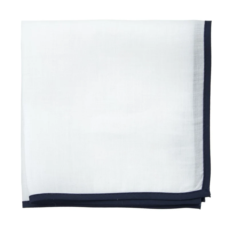 White Linen With Border Navy Pocket Square