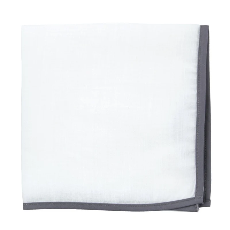 White Linen With Border Charcoal Pocket Square