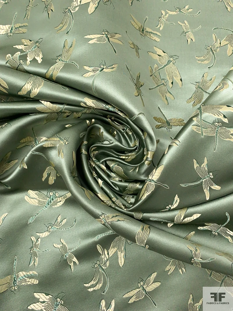 Dragonfly Chinese Brocade - Dark Sage / White-Gold