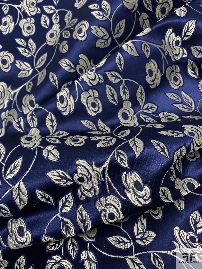 Vine Floral Chinese Brocade - Navy Blue / White-Gold
