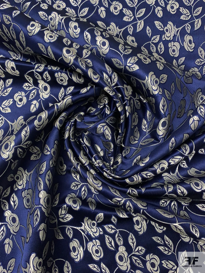 Vine Floral Chinese Brocade - Navy Blue / White-Gold