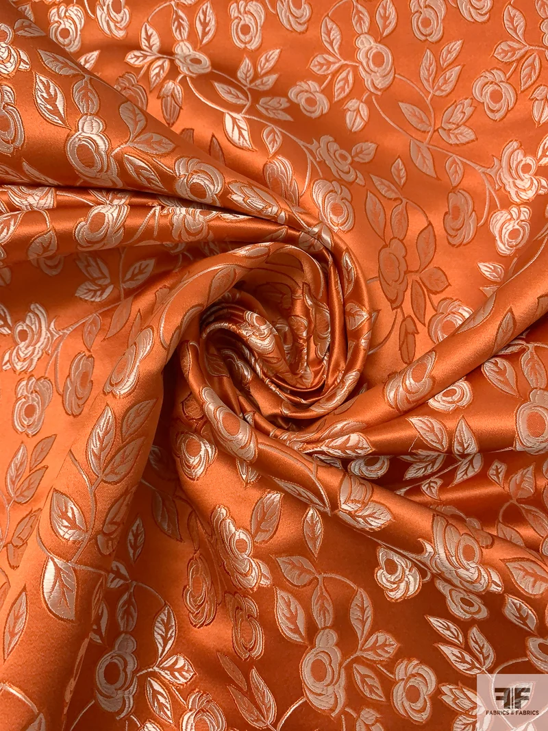 Vine Floral Chinese Brocade - Antique Orange / Beige