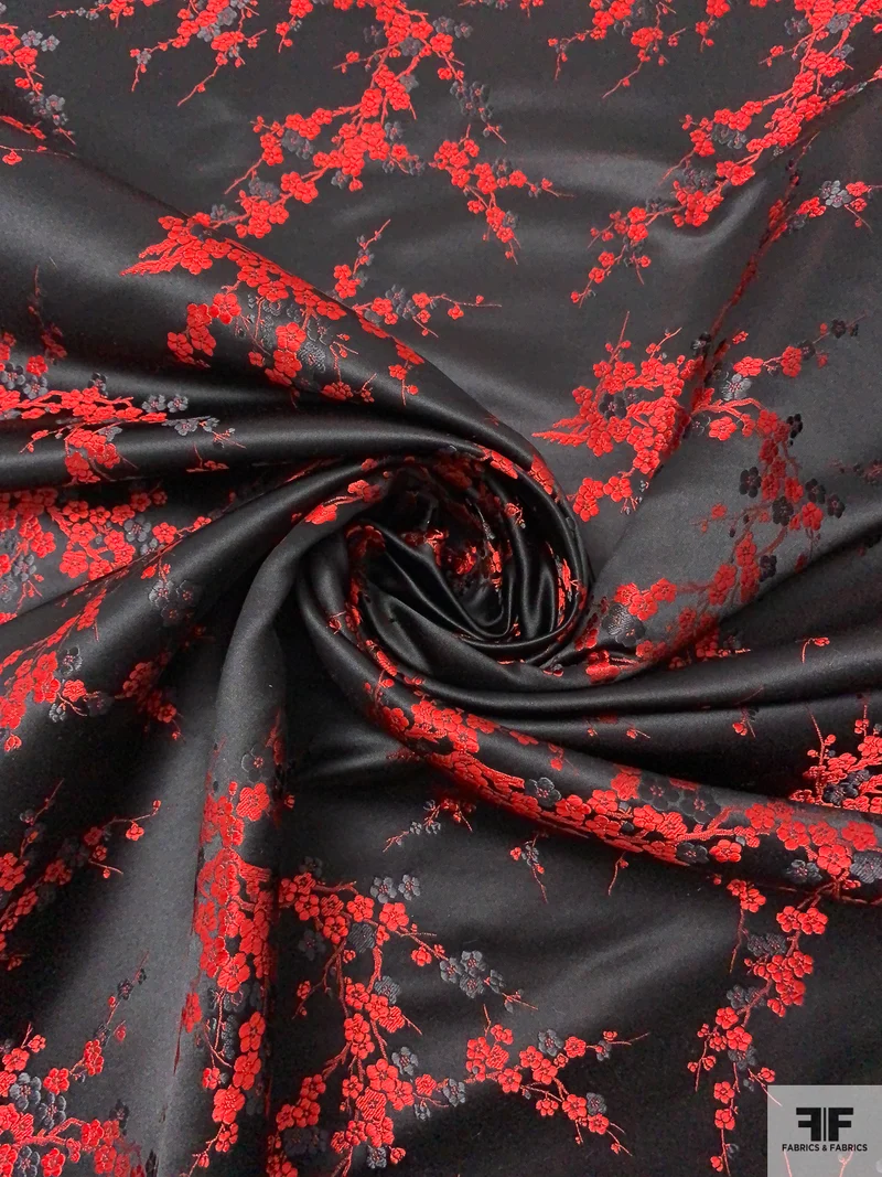 Romantic Floral Chinese Brocade - Black / Red