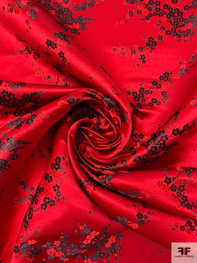 Romantic Floral Chinese Brocade - Red / Black