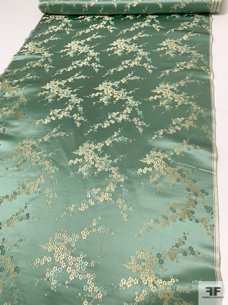 Romantic Floral Chinese Brocade - Warm Sage / Pale Gold