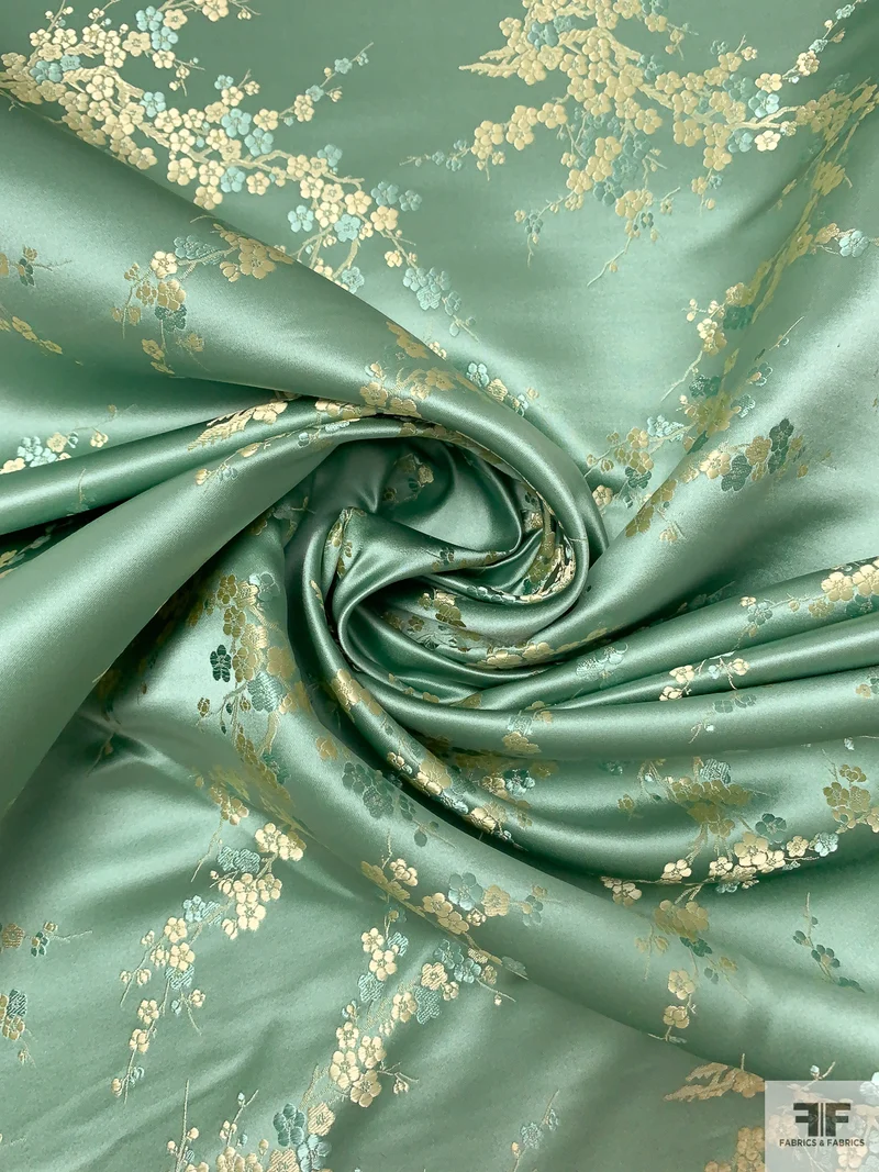 Romantic Floral Chinese Brocade - Warm Sage / Pale Gold