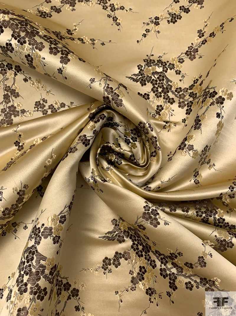 Romantic Floral Chinese Brocade - Champagne Gold / Brown