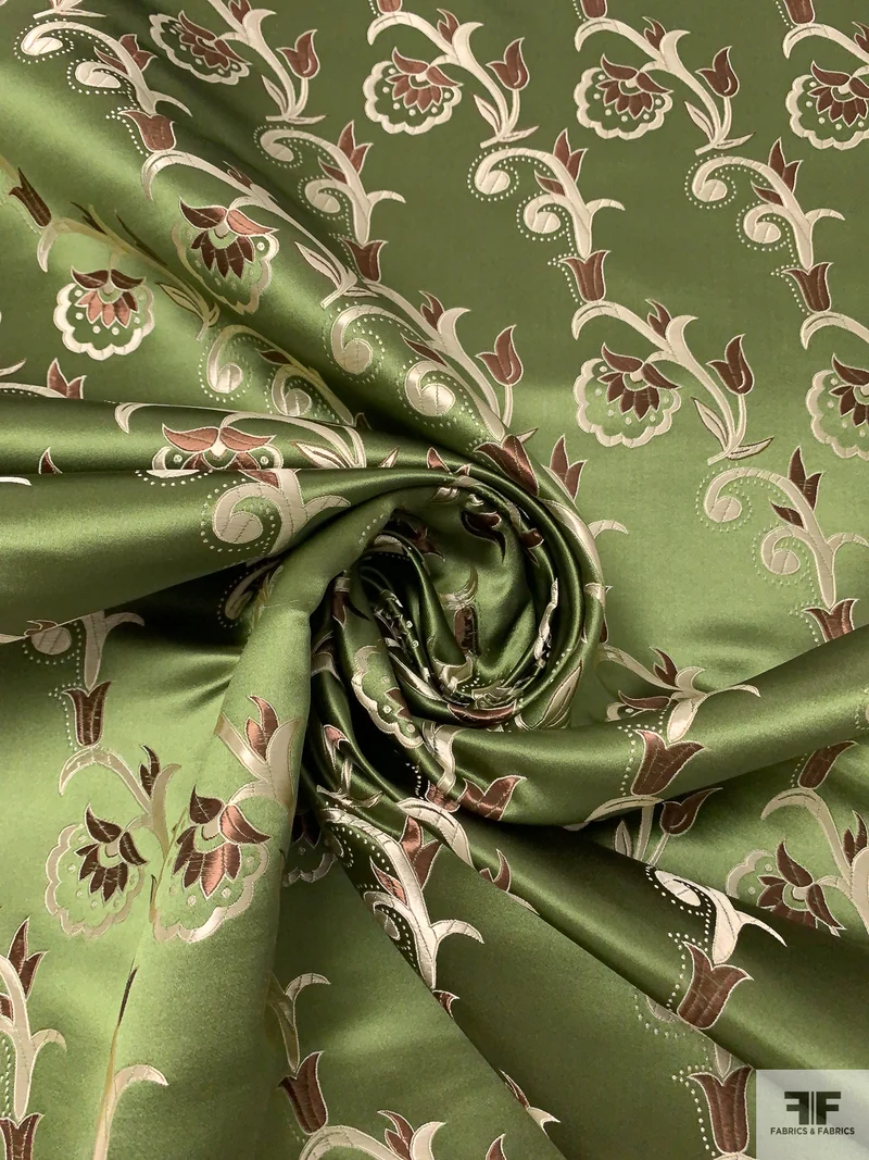 Floral Paisley Chinese Brocade - Moss Green / Smokey Taupe / Brown