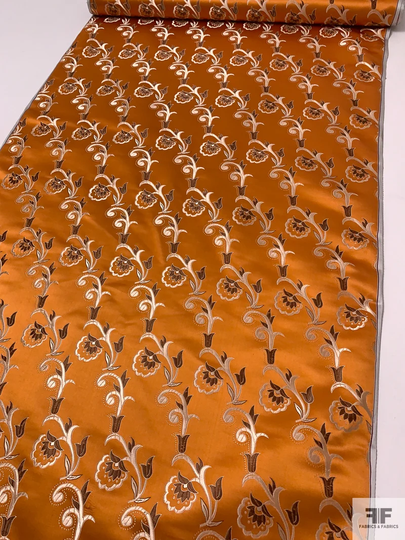 Floral Paisley Chinese Brocade - Orange / Smokey Taupe / Brown