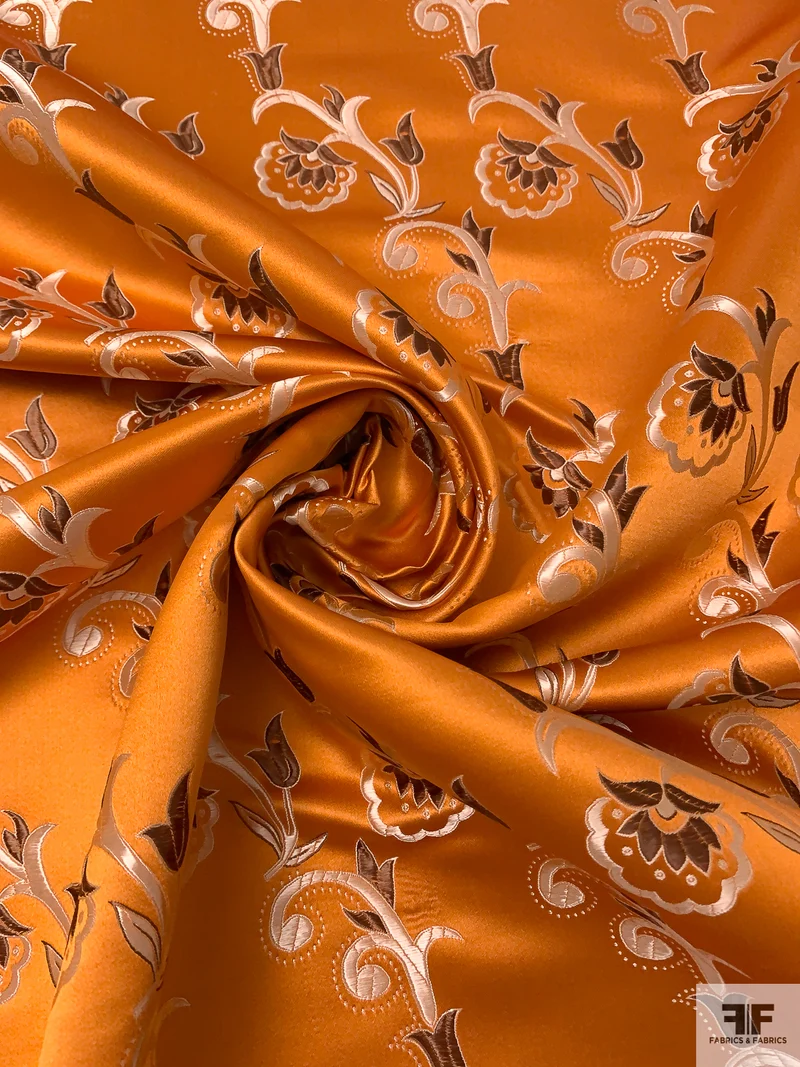 Floral Paisley Chinese Brocade - Orange / Smokey Taupe / Brown