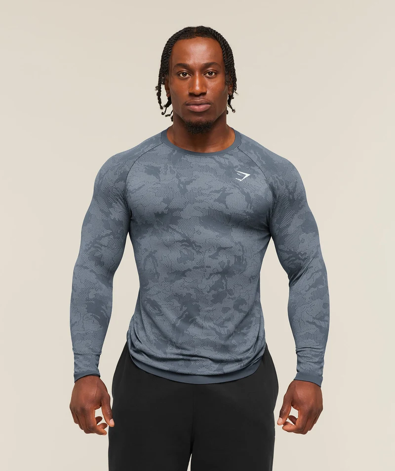 Gymshark Geo Seamless Long Sleeve T-Shirt - Shadow Blue/Tranquil Blue