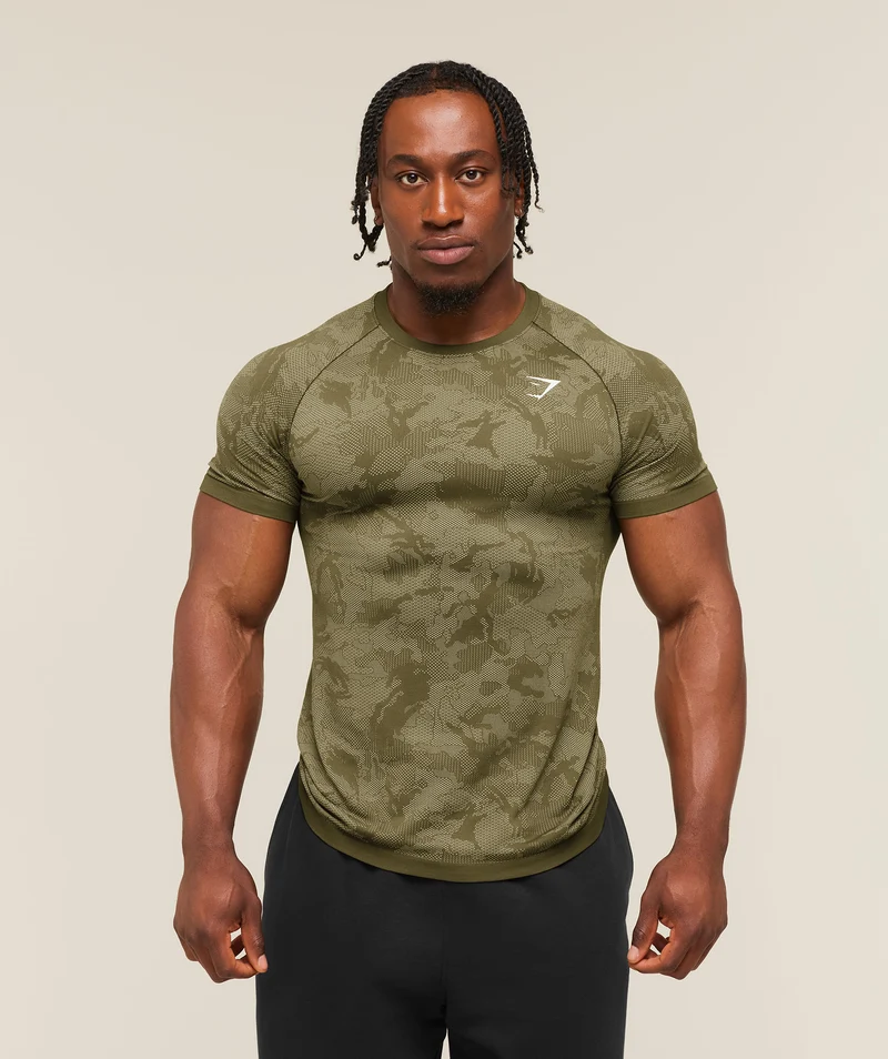 Gymshark Geo Seamless T-Shirt - Canvas Green/Chalk Beige