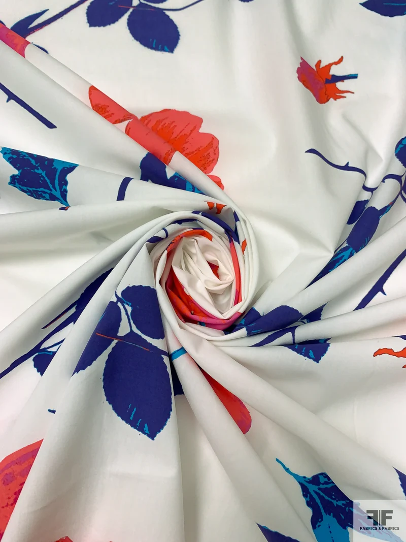 Italian Vibrant Floral Printed Cotton Shirting - Hot Coral / Magenta / Blue / Off-White