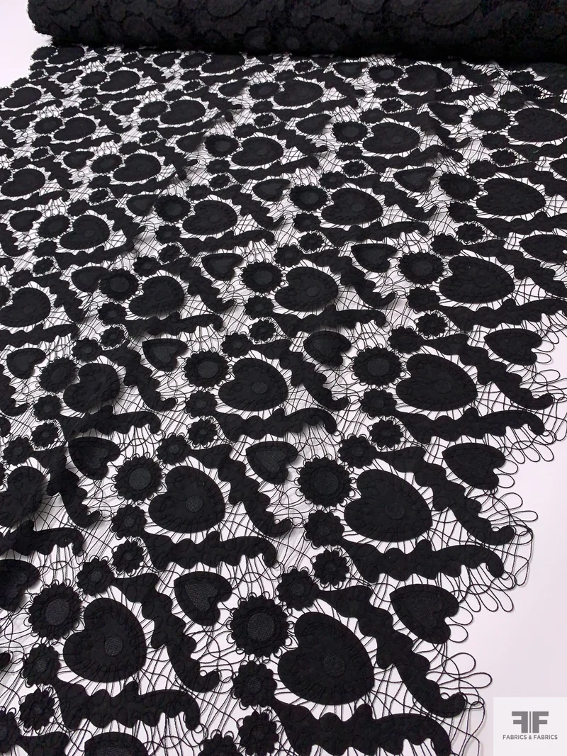 Heart Motif Intricate Corded Embroidery on Taffeta-Poplin Cutouts - Black