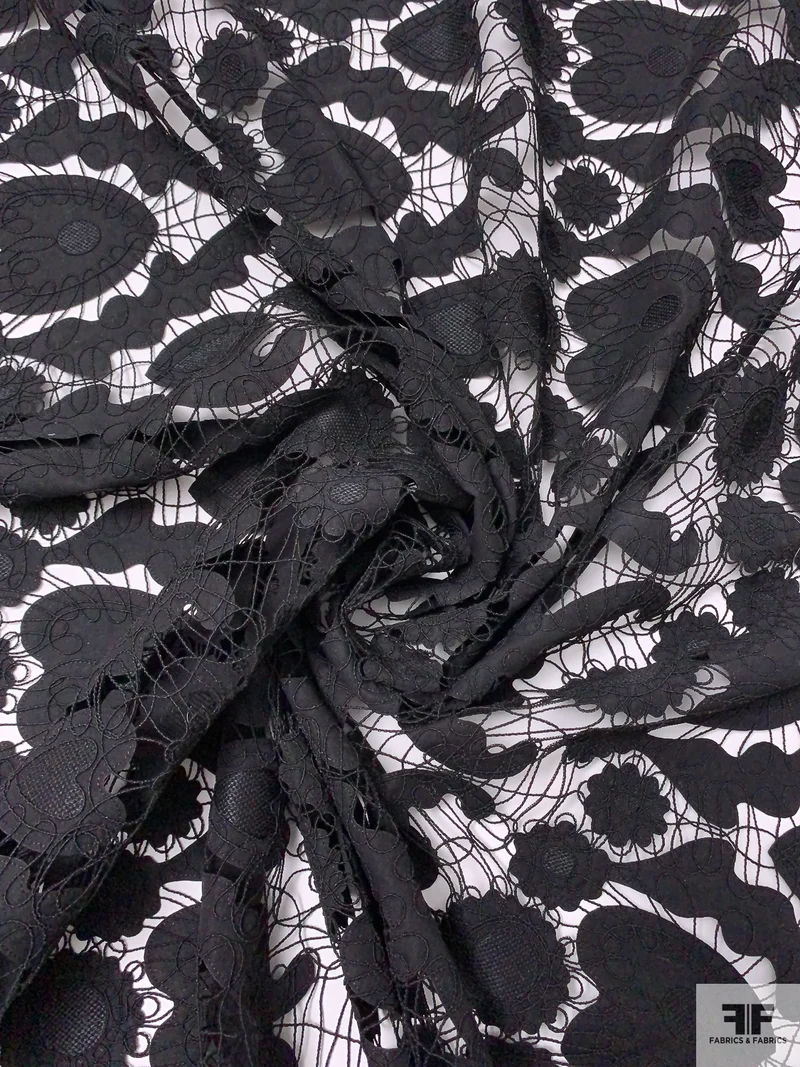 Heart Motif Intricate Corded Embroidery on Taffeta-Poplin Cutouts - Black