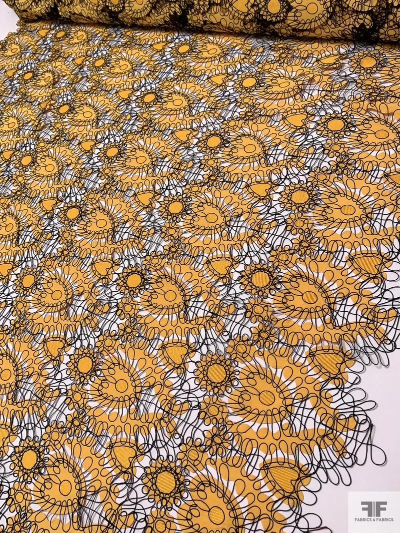 Heart Motif Intricate Corded Embroidery on Taffeta-Poplin Cutouts - Yellow / Black