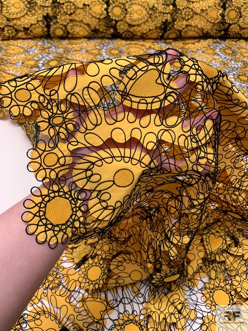 Heart Motif Intricate Corded Embroidery on Taffeta-Poplin Cutouts - Yellow / Black