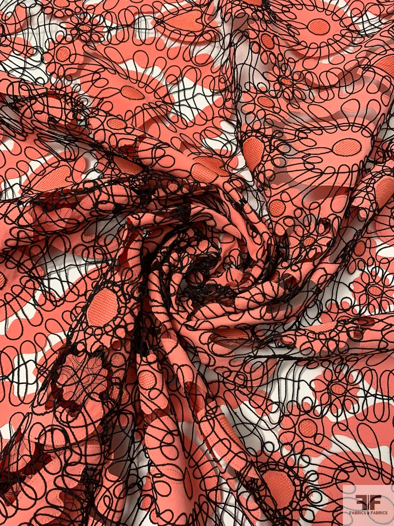 Heart Motif Intricate Corded Embroidery on Taffeta-Poplin Cutouts - Coral / Black