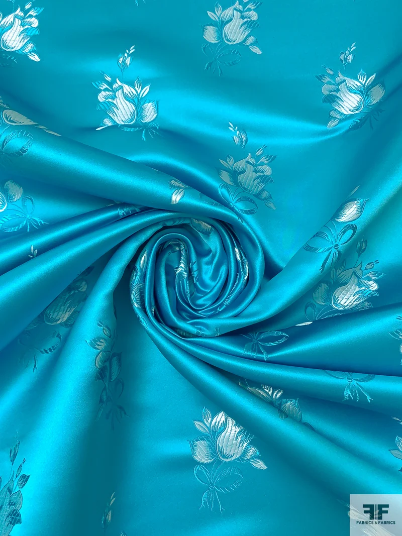 Floral Chinese Brocade - Aqua Blue / Light Grey