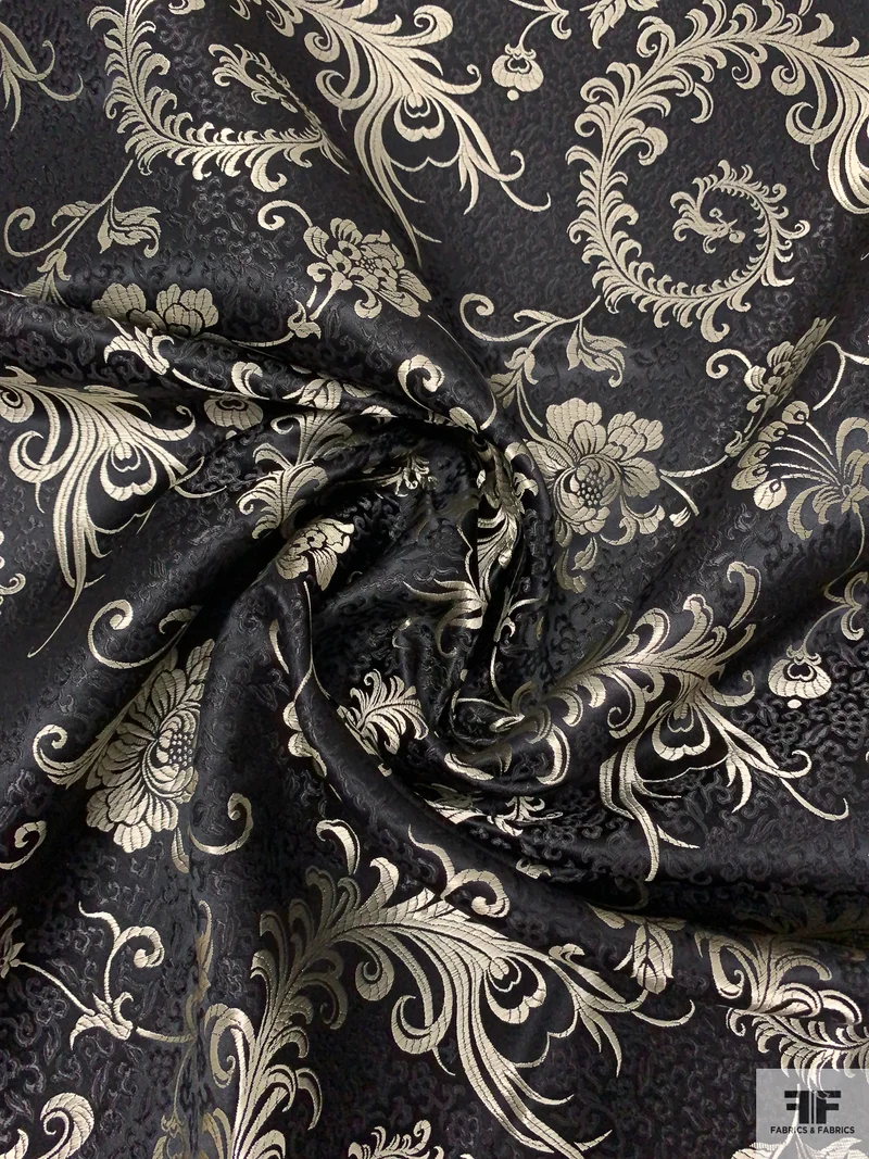 Paisley Floral Chinese Brocade - Black / White-Gold
