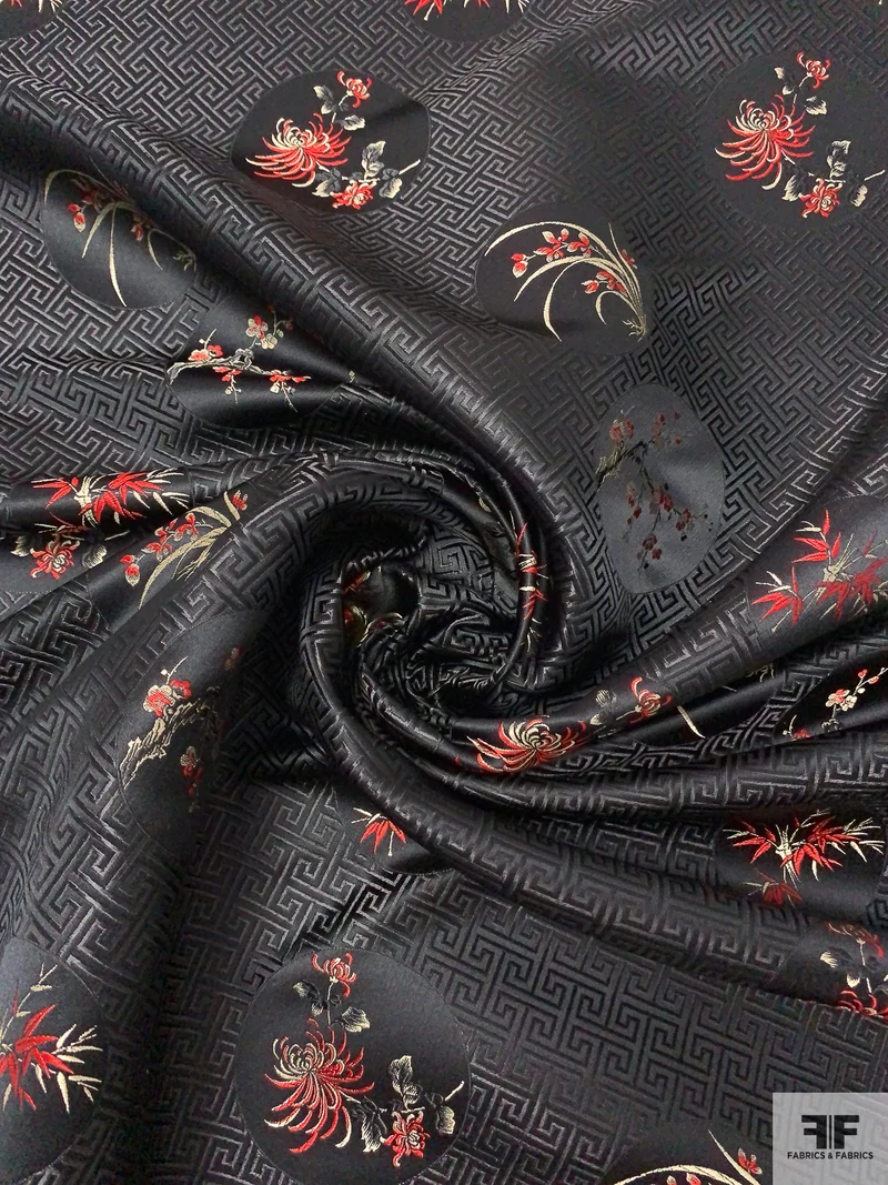 Floral Discs and Greco Deco Chinese Brocade - Black / Red / White-Gold