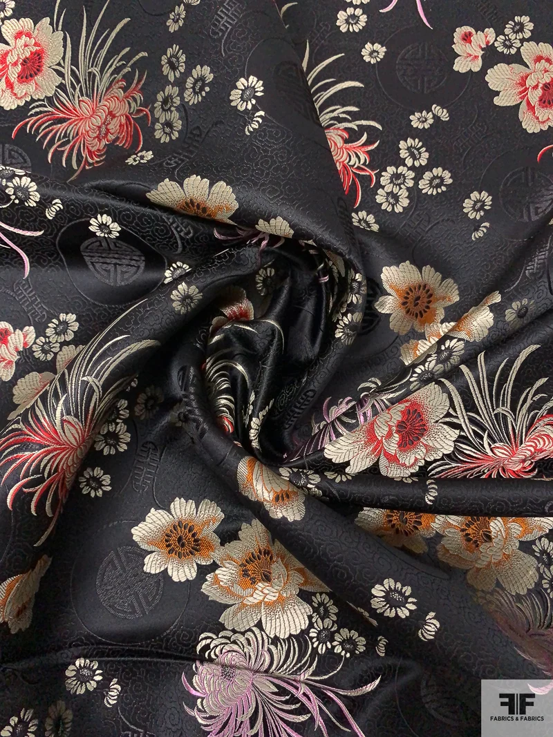 Floral Chinese Brocade - Black / Red / Orchid / White-Gold