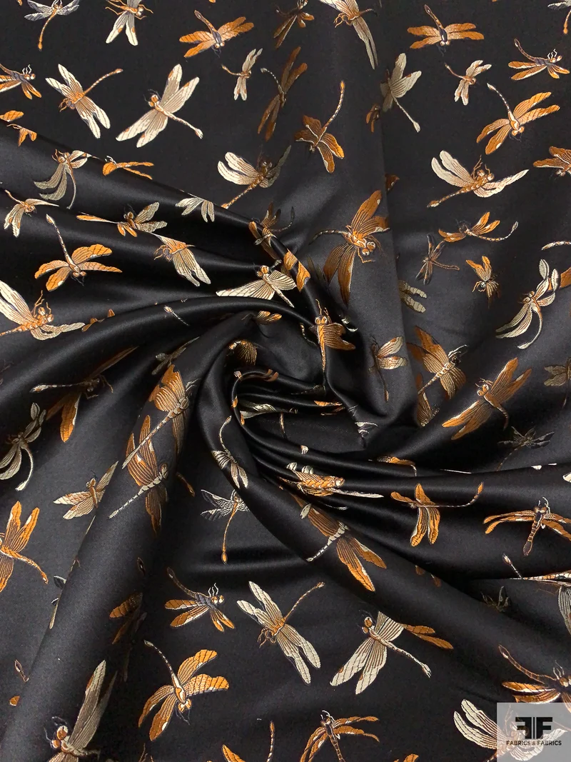 Dragonfly Chinese Brocade - Black / Burnt Orange / White-Gold
