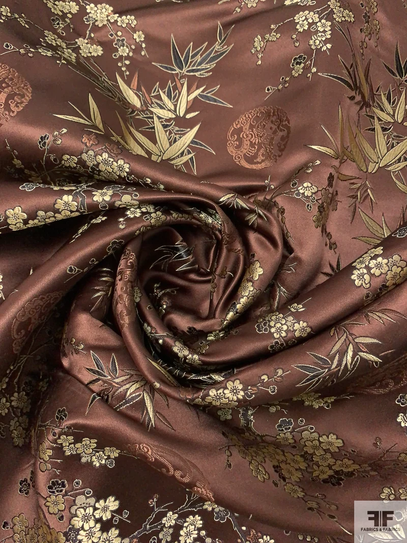 Floral Chinese Brocade - Brown / Light Gold / Black