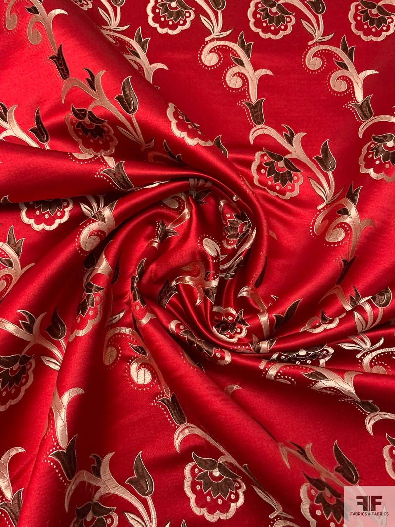 Floral Paisley Chinese Brocade - Red / Light Gold / Brown