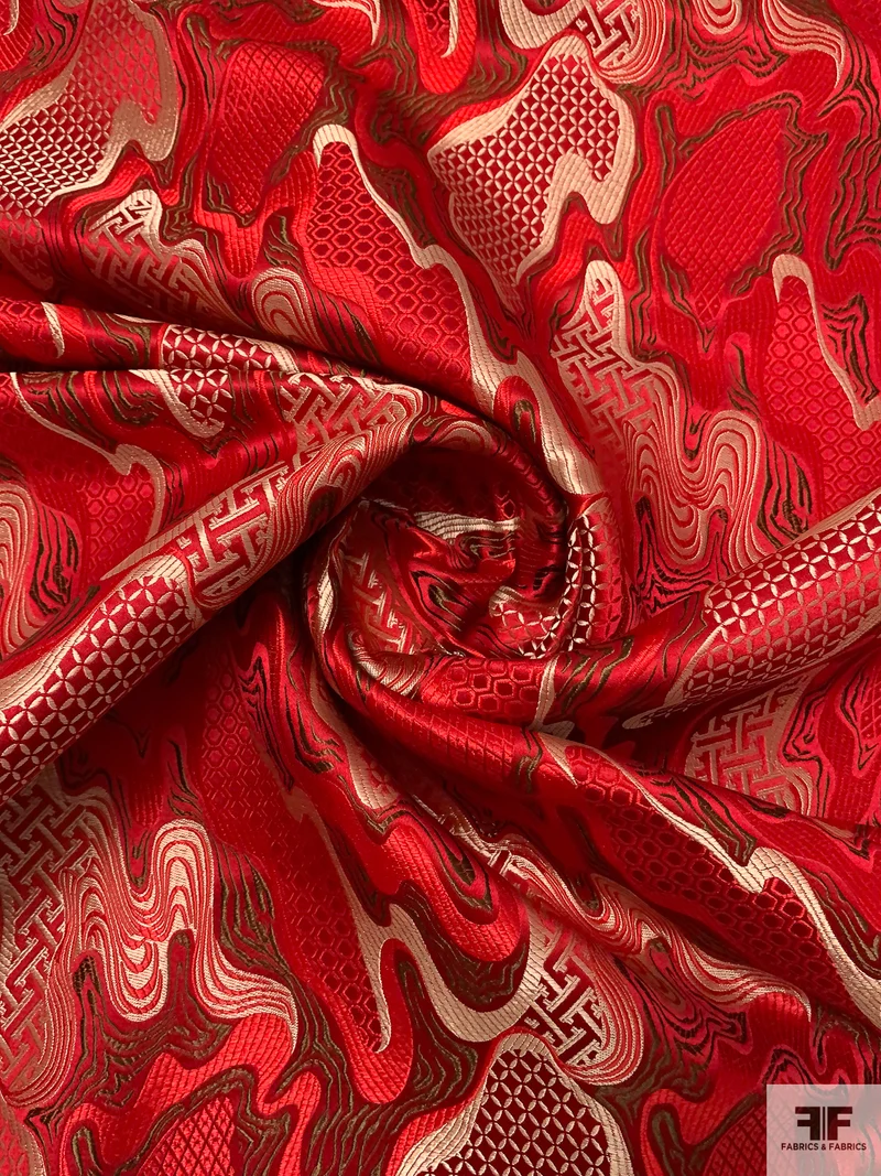 Marble Wood Grain Chinese Brocade - Reds / Light Gold / Olive Green