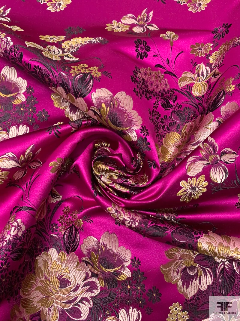 Floral Chinese Brocade - Dark Magenta / Black / Khaki