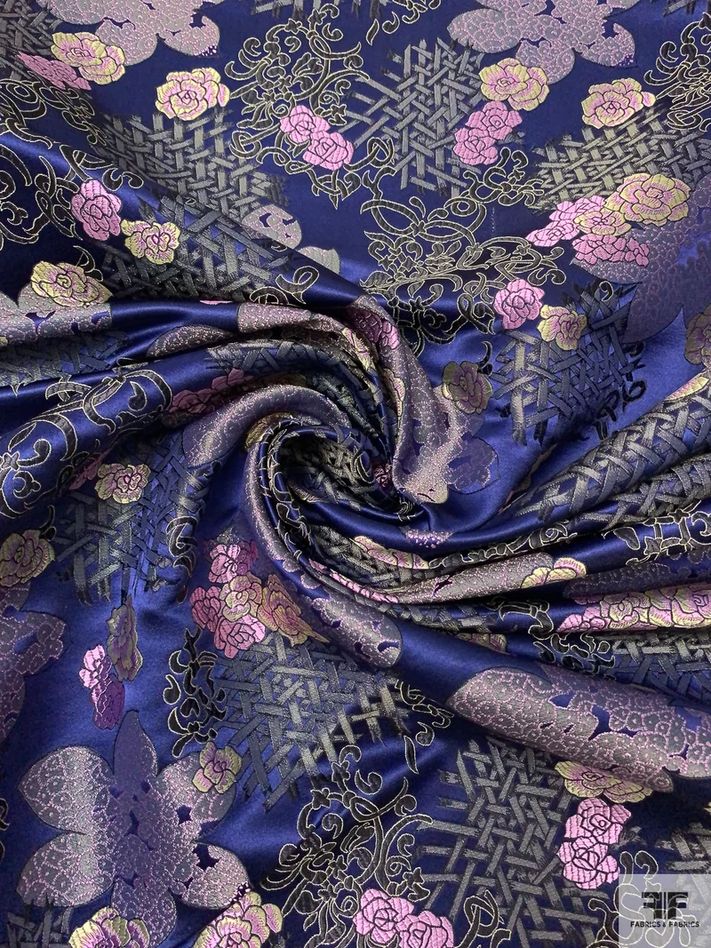 Floral Chinese Brocade - Navy / Light Orchid / Black / Dark Sage