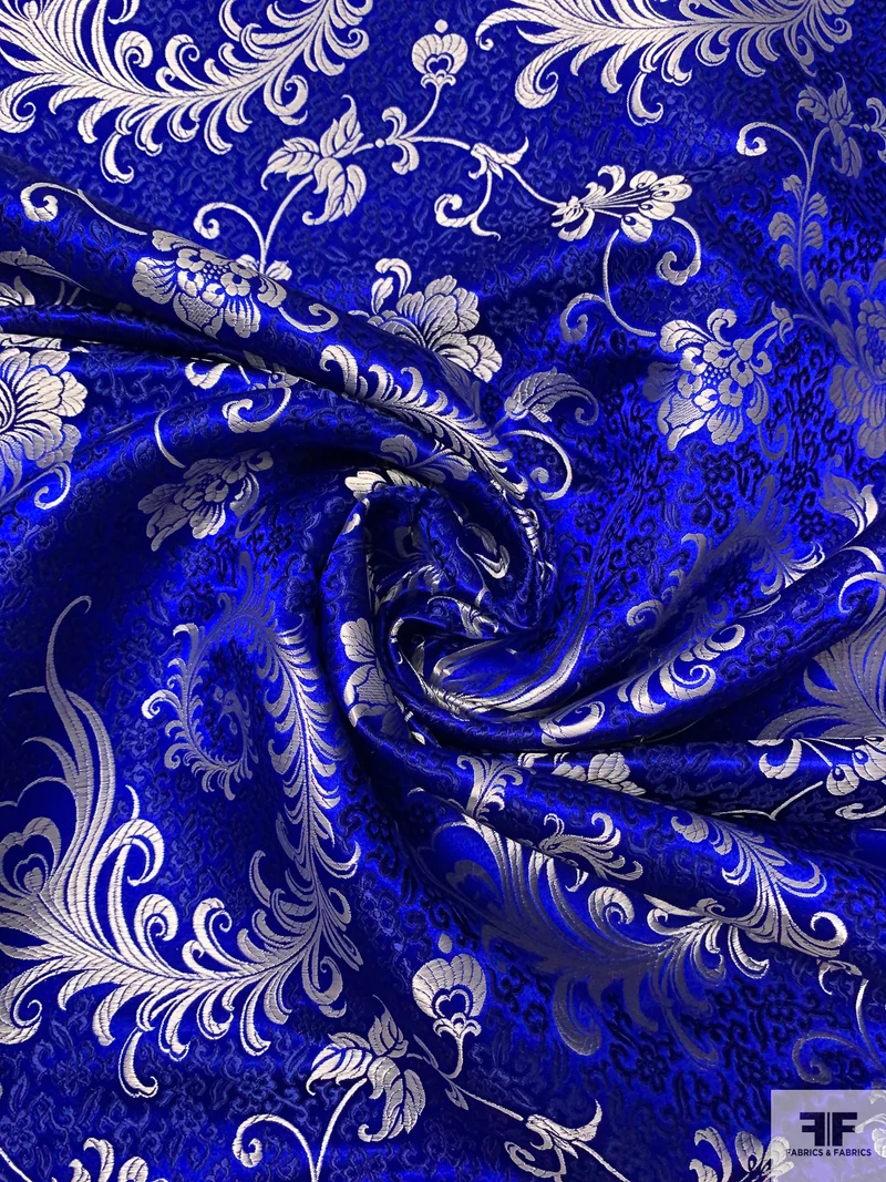 Paisley Floral Chinese Brocade - Royal Blue / Navy / Silver-Grey