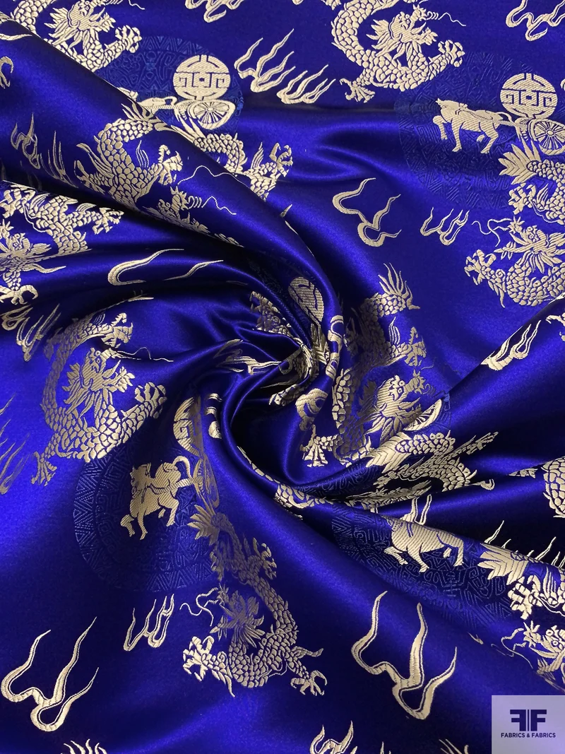 Dragon Motif Chinese Brocade - Indigo / Light Gold