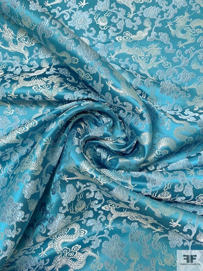 Dragon Floral Chinese Brocade - Turquoise / Silver-Grey
