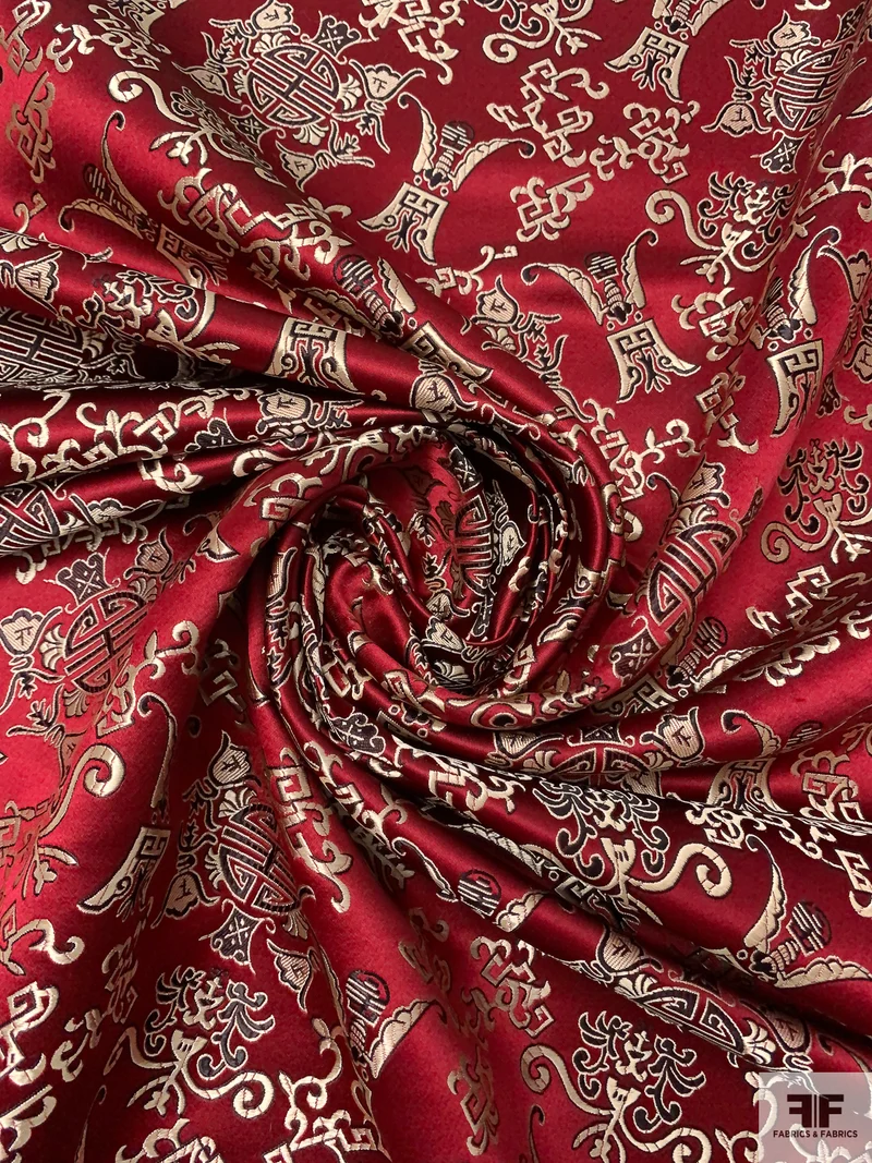 Medallion Links Chinese Brocade - Wine Red / Black / White-Gold