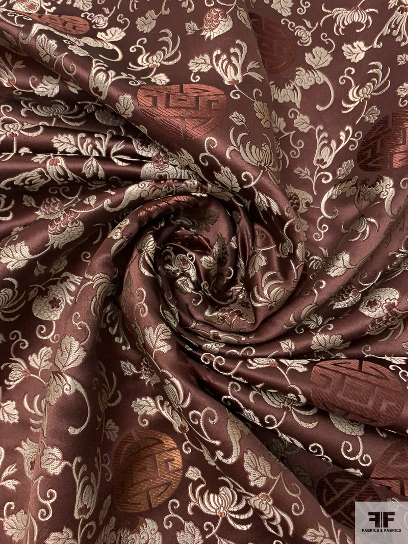 Medallion Floral Chinese Brocade - Brown / Silver-Grey