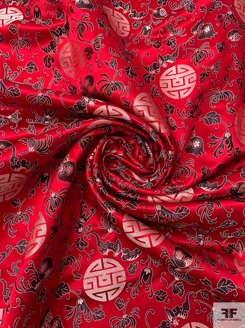 Medallion Floral Chinese Brocade - Red / Black / White-Gold