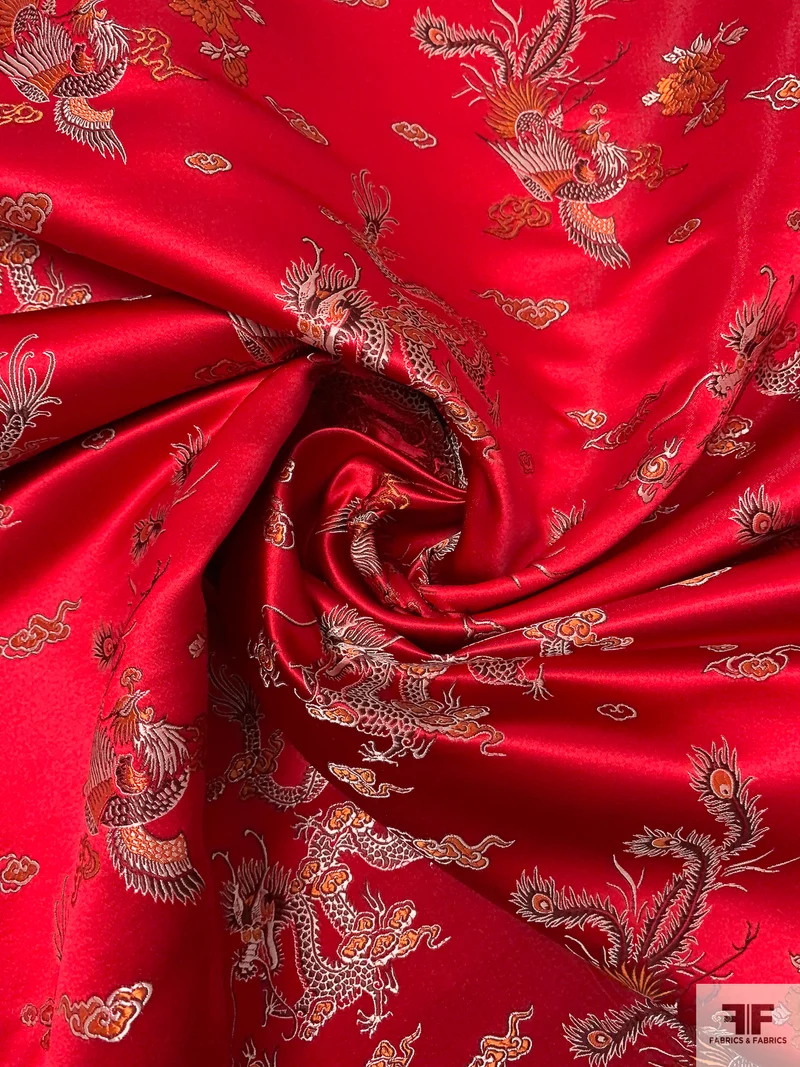 Dragon Motif Chinese Brocade - Red / Orange / White-Gold
