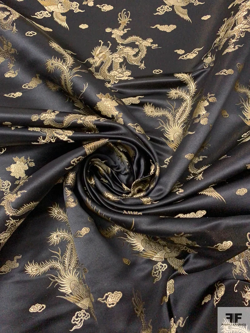 Dragon Motif Chinese Brocade - Black / Gold