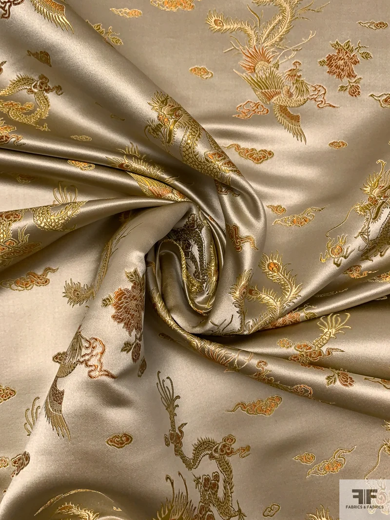 Dragon Motif Chinese Brocade - Ecru / Antique Turmeric / Antique Gold