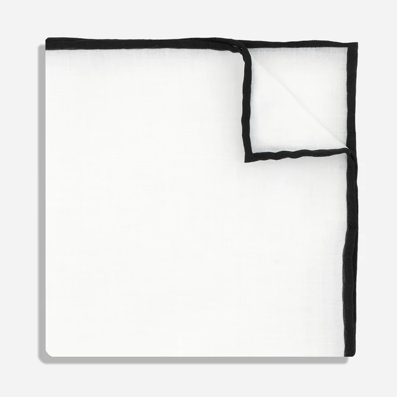 White Linen With Rolled Border Black Pocket Square