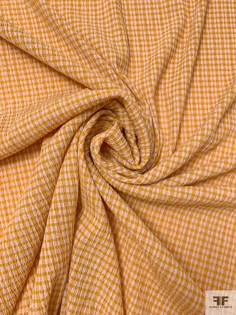 Italian Gingham Plaid Yarn-Dyed Crinkled Seersucker - Mustard / Pale Pink