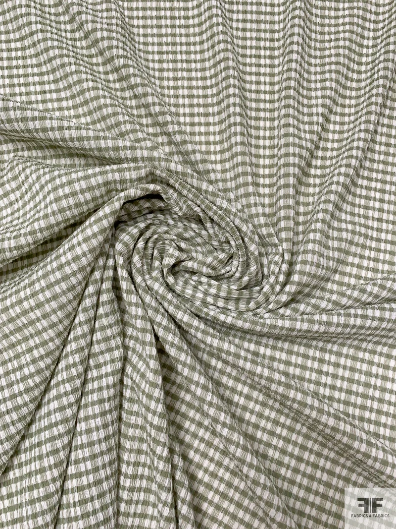 Italian Gingham Plaid Yarn-Dyed Crinkled Seersucker - Sage / Off-White
